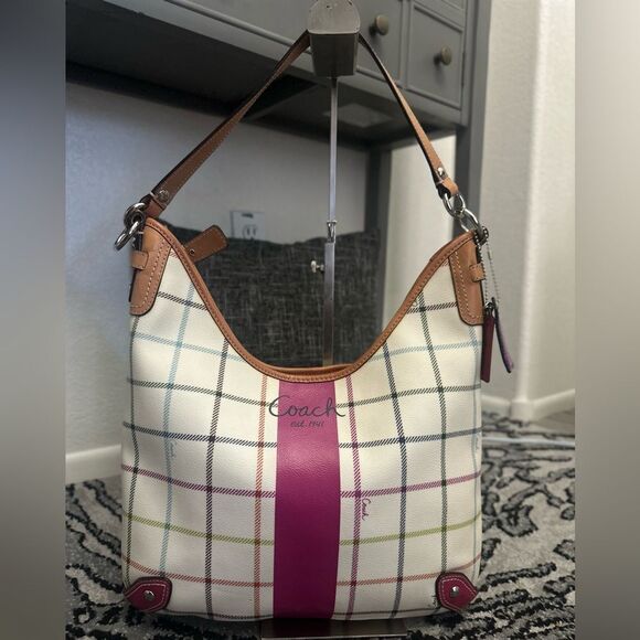 Coach Women's Plaid Tattersall Shoulder Bag - White and Pink - Picture 2 of 13